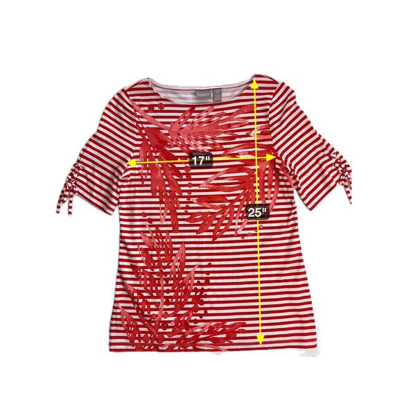 Chicos Red White Striped Leaf Print Cotton Tie Sleeve Blouse Womens Size Small S - Picture 10 of 10